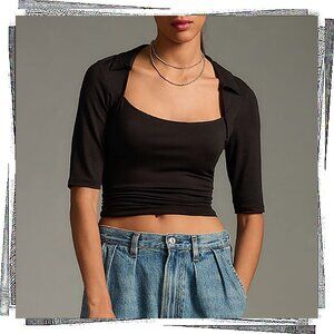 NWOT: Soft Viscose Blend Black Collared Square-Neck Tee (S) by Anthropologie